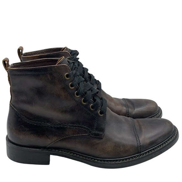 John Varvatos Brown Leather Lace Up Moto Cap Toe Ankle Boots Men’s Sz 8.5 - Picture 1 of 14